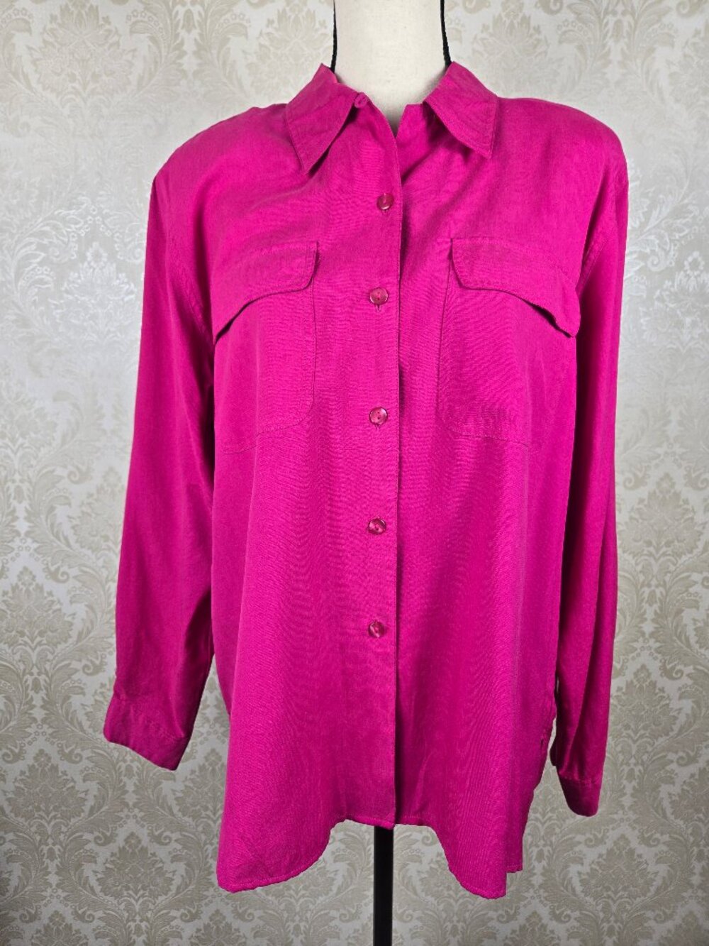 Silk Ncounter Size Large 100% Silk Bright Pink Button Down Shirt Shoulder Pads